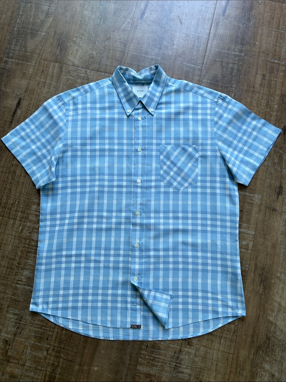Billy Reid Short Sleeve Plaid Linen Blend Button Down Shirt Light Blue